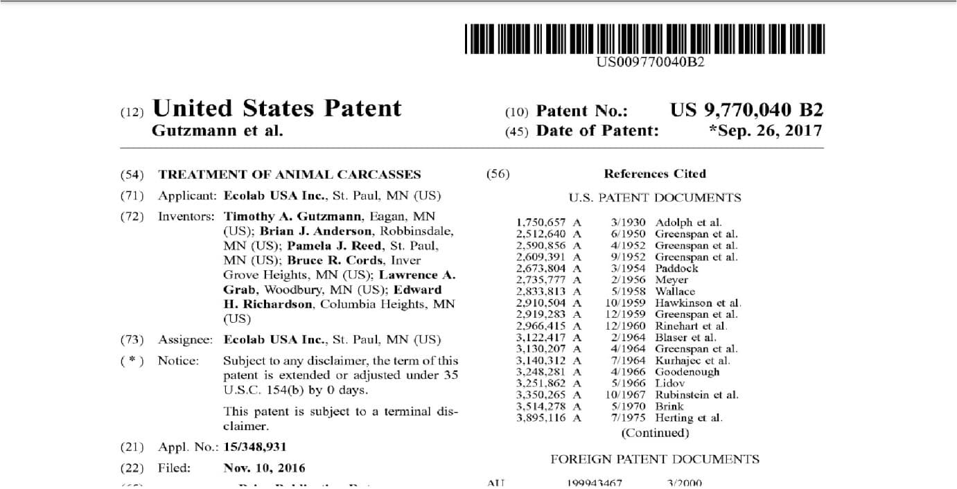TODAY’S PATENT – TREATMENT OF ANIMAL CARCASSES